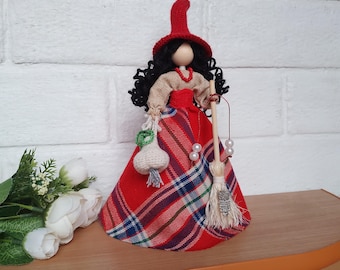 Handmade Kitchen Witch Doll with Broom and Garlic: Good Luck House Spirit.