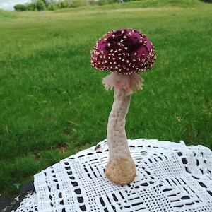 Velvet Mushroom Sculpture: Handmade Fantasy Toadstool with Golden Beads