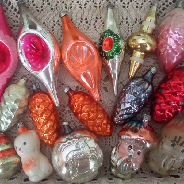 Soviet vintage Christmas glass ornaments. Vintage glass Christmas tree toys USSR. Old xmas decorations. Vintage Christmas