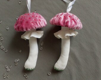 Textile hanging mushroom set of two. Mushroom christmas ornament. Velvet mushroom ornament.  Velvet toadstool.  Fantasy mushroom.