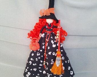 Handmade Kitchen Witch Doll: Halloween Decor with Pumpkin & Broom. Small witch figurine