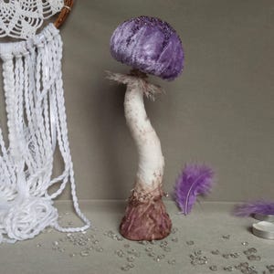 Velvet mushroom toadstool. Mushroom decor. Fungi art.  Lilac mushroom sculpture. Fly agaric mushroom. Soft sculpture mushroom.