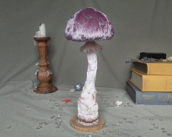 Velvet mushroom toadstool. Mushroom decor. Fungi art.  Lilac mushroom sculpture. Fly agaric mushroom. Soft sculpture mushroom.