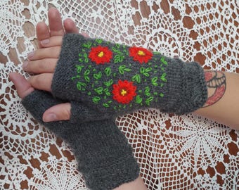 Embroidered Knit Fingerless Gloves: Women's Arm Warmers