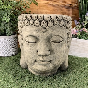 May include: A grey stone planter shaped like a Buddha head with closed eyes. The planter has a textured surface and a circular opening at the top.