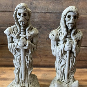 Stone Garden Large Pair Of Standing Gargoyle Gremlin Grim Reaper Statue Ornament