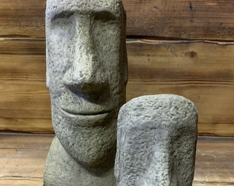 Stone Garden  Pair Of Moai Easter Island Head Tiki Ornaments Statues