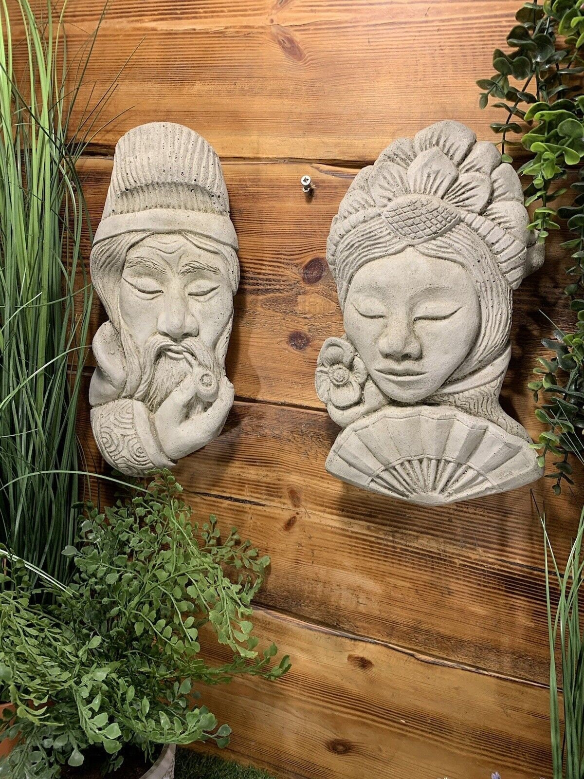 にんじん　ペア　ライムストーン　オブジェ　USA 壁掛け Stone Garden Pair of Oriental Chinese Japanese Wall Plaque Figure