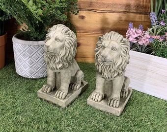 Stone Garden Pair Of Small Proud Lion Ornaments