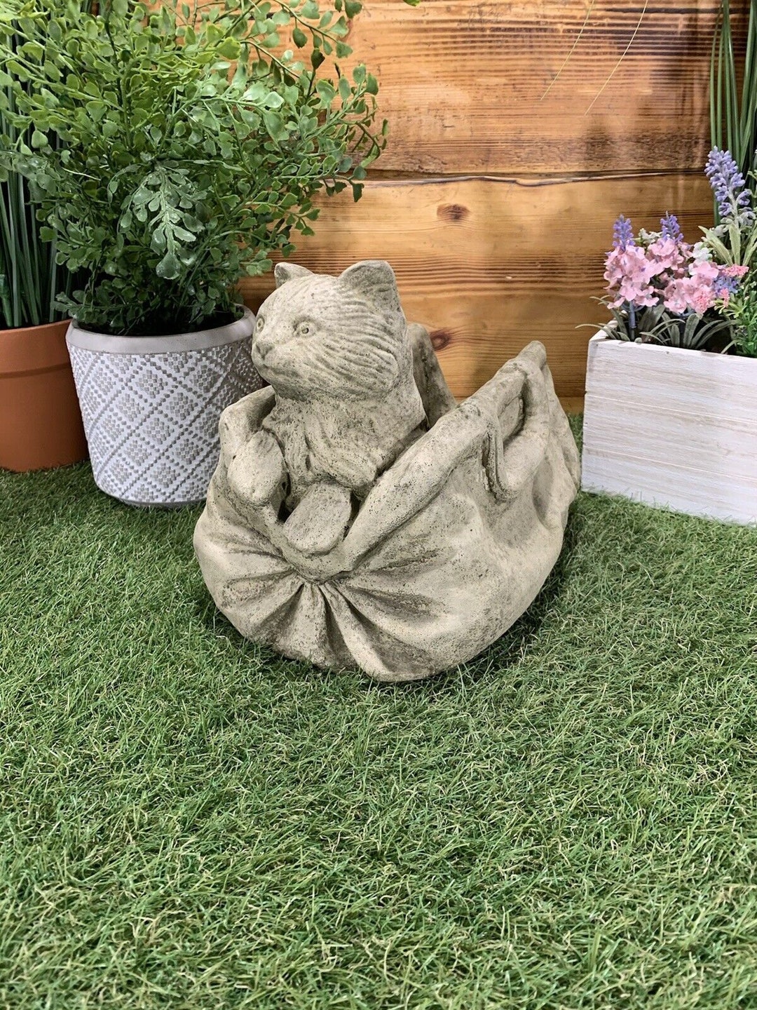 Stone Garden Cat in A Bag Planter Plant Pot Ornament - Etsy UK