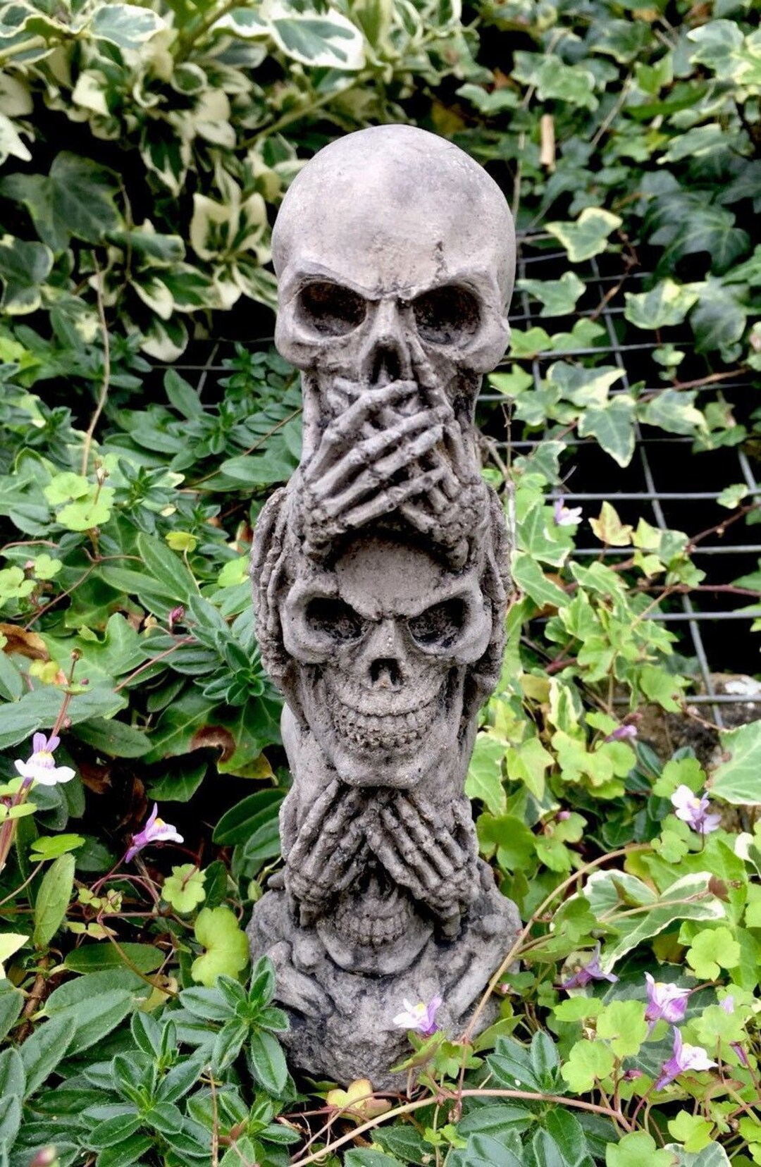 Stone Skull Tower See, Hear, Speak No Evil Gothic Medieval Garden