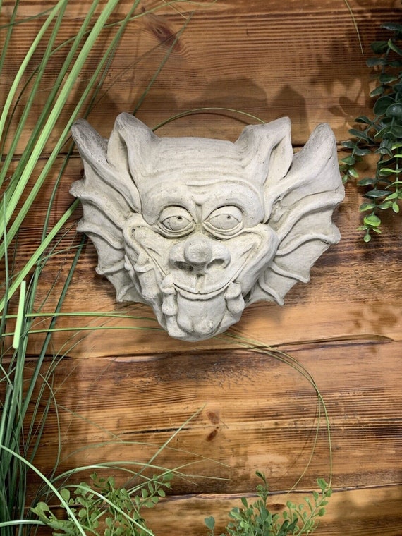 Stone Garden Large Gremlin Gargoyle Plain Happy Face Wall Plaque