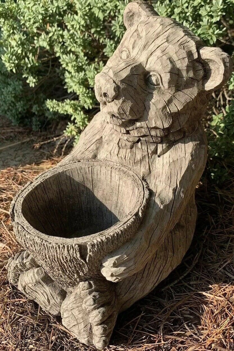 Stone Garden Detailed Bear Planter Plant Pot Ornament Gift image 1