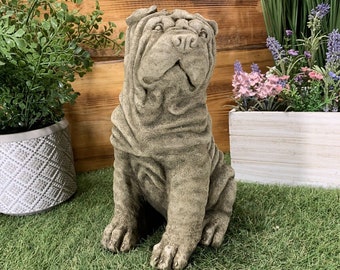 Stone Garden Sitting Shar-Pei Pug Dog Detailed Cute Gift Concrete Ornament