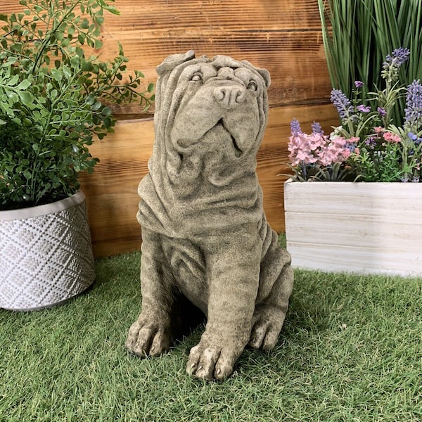 Stone Garden Sitting Shar-Pei Pug Dog Detailed Cute Gift Concrete Ornament