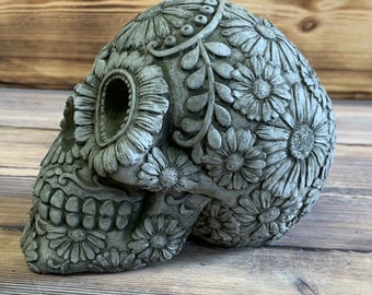 Stone Garden Large Flower Skull Gothic Human Head Ornament Statue