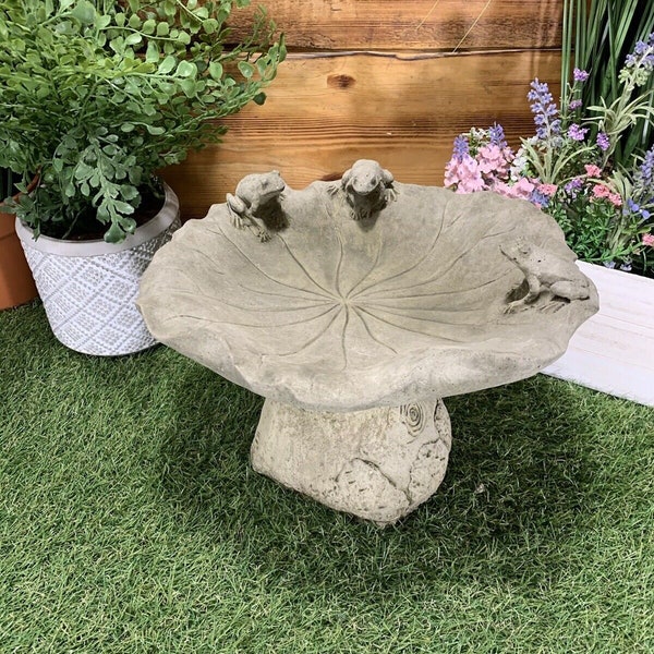 Stone Garden Frog Toad Lilly Bird Bath Statue Ornament