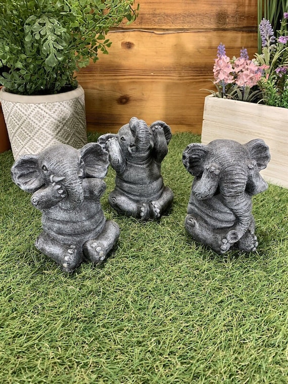 Stone Garden Set of 3 Wise Cheeky Elephant See Hear Speak No Evil
