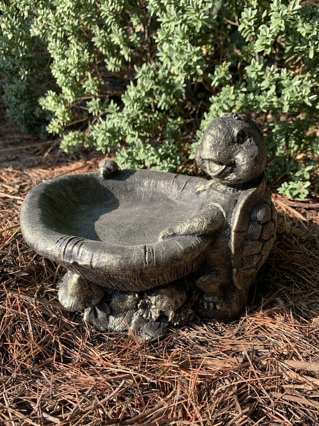Stone Garden Turtle Bird Bath Feeder Detailed Gold Ornament Etsy UK