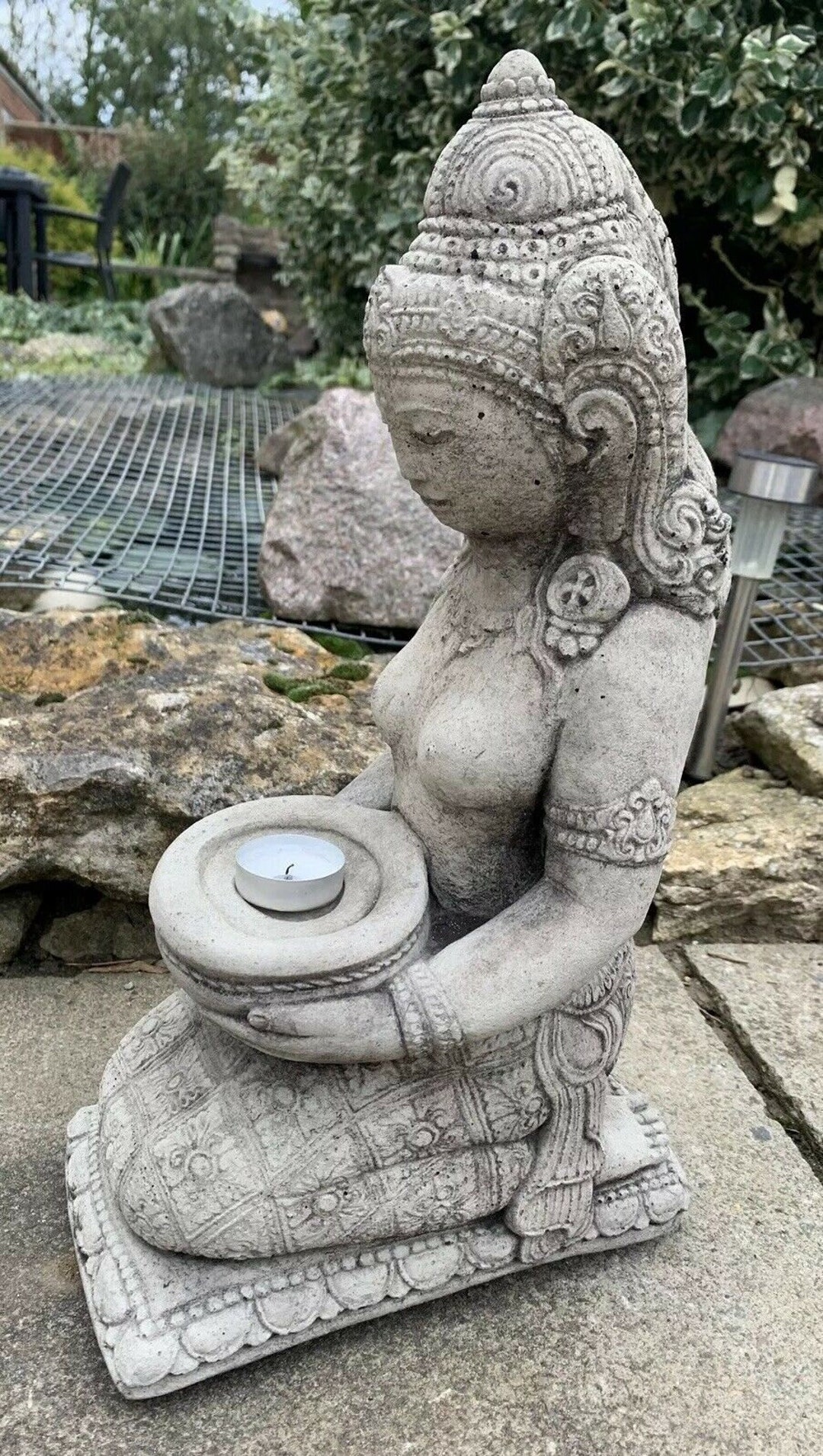 Stone Garden Praying Geisha Buddha Girl Candle Holder Statue