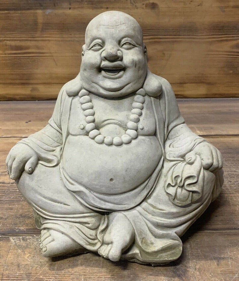 Stone Garden Small Sitting Happy Buddha Statue Ornament Etsy