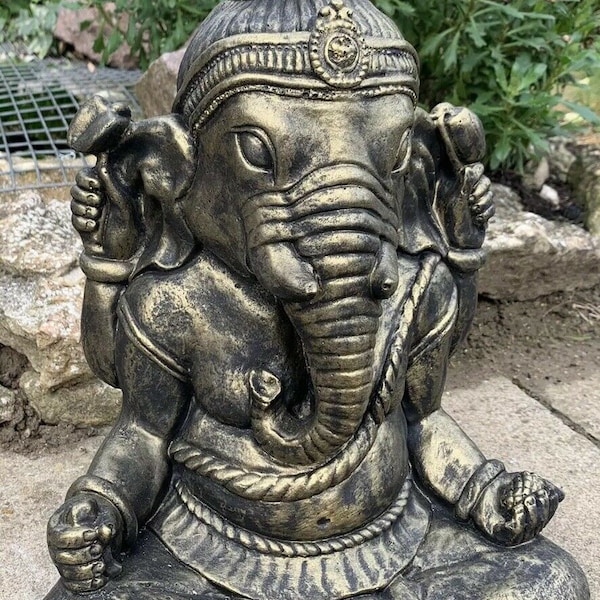 Stone Garden Large Gold Ganesh Buddha Elephant Praying Statue Ornament