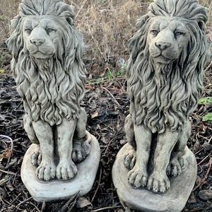 Stone Garden Pair Of Proud Lion On Base Statue Pillar Cap Detailed Gift Ornament