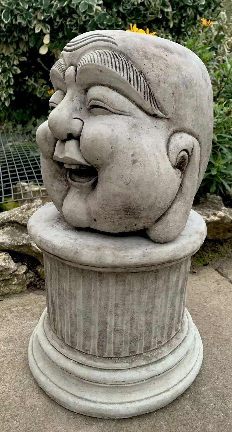 Stone Garden Happy Smiling Buddha Head Statue With Plinth | Etsy