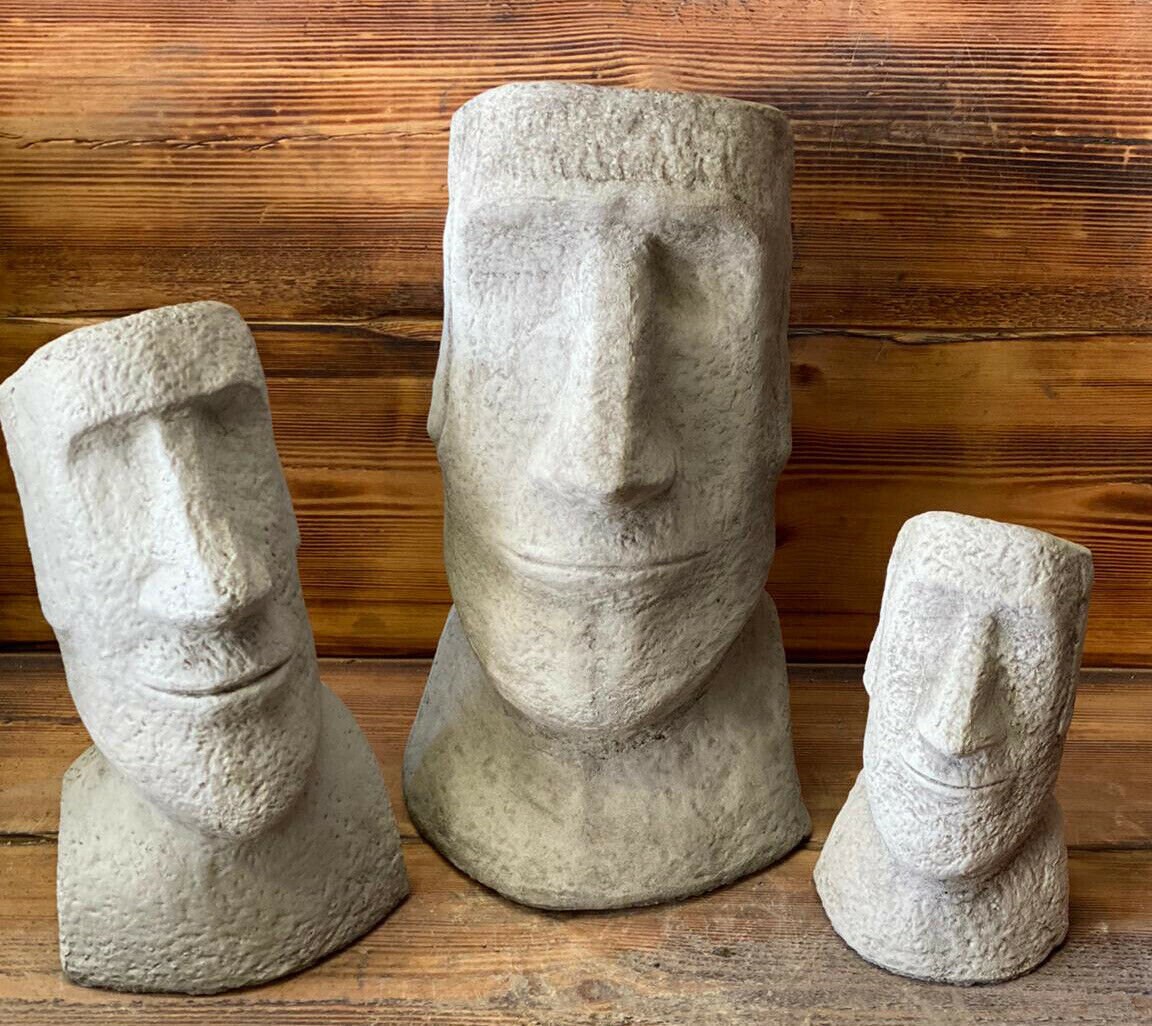 Stone Garden Set of 3 Moai Easter Island Head Tiki Ornament