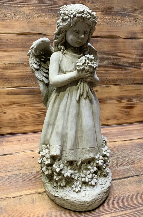 Stone Garden Large Winged Angel Cherub With Flowers Statue Ornament - Etsy