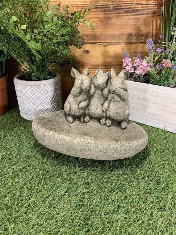 Stone Garden See Hear Speak No Evil Rabbit Bird Bath Feeder 