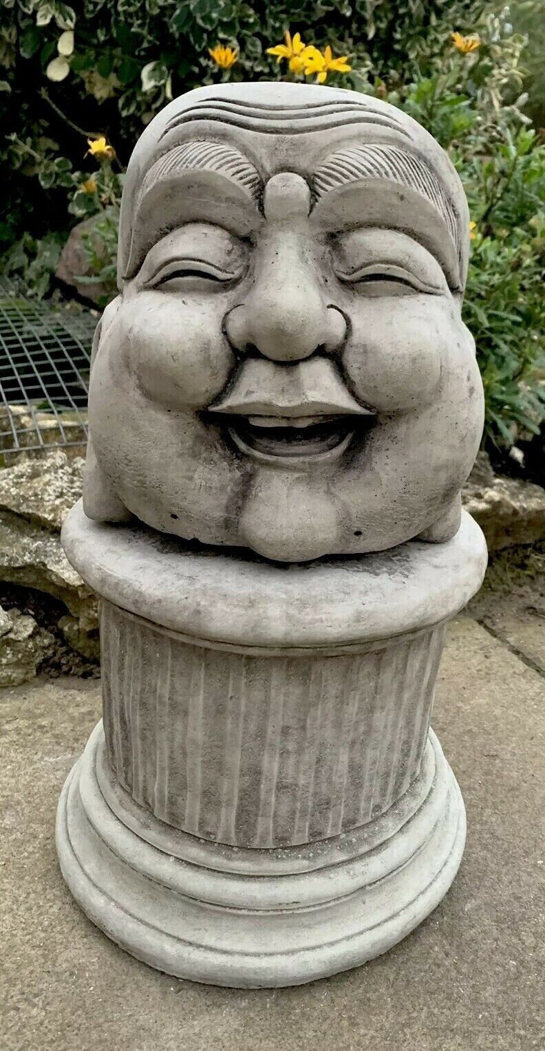 Stone Garden Happy Smiling Buddha Head Statue With Plinth Etsy UK