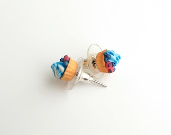 Blueberry cupcake stud earrings, Tiny food post earring, Miniature food jewelry