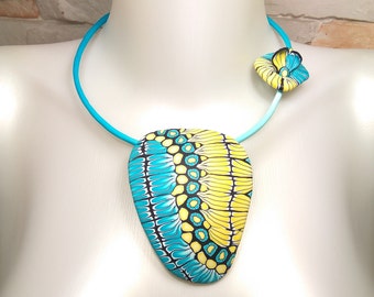 Blue yellow bib necklace, Choker necklace, Abstract necklace