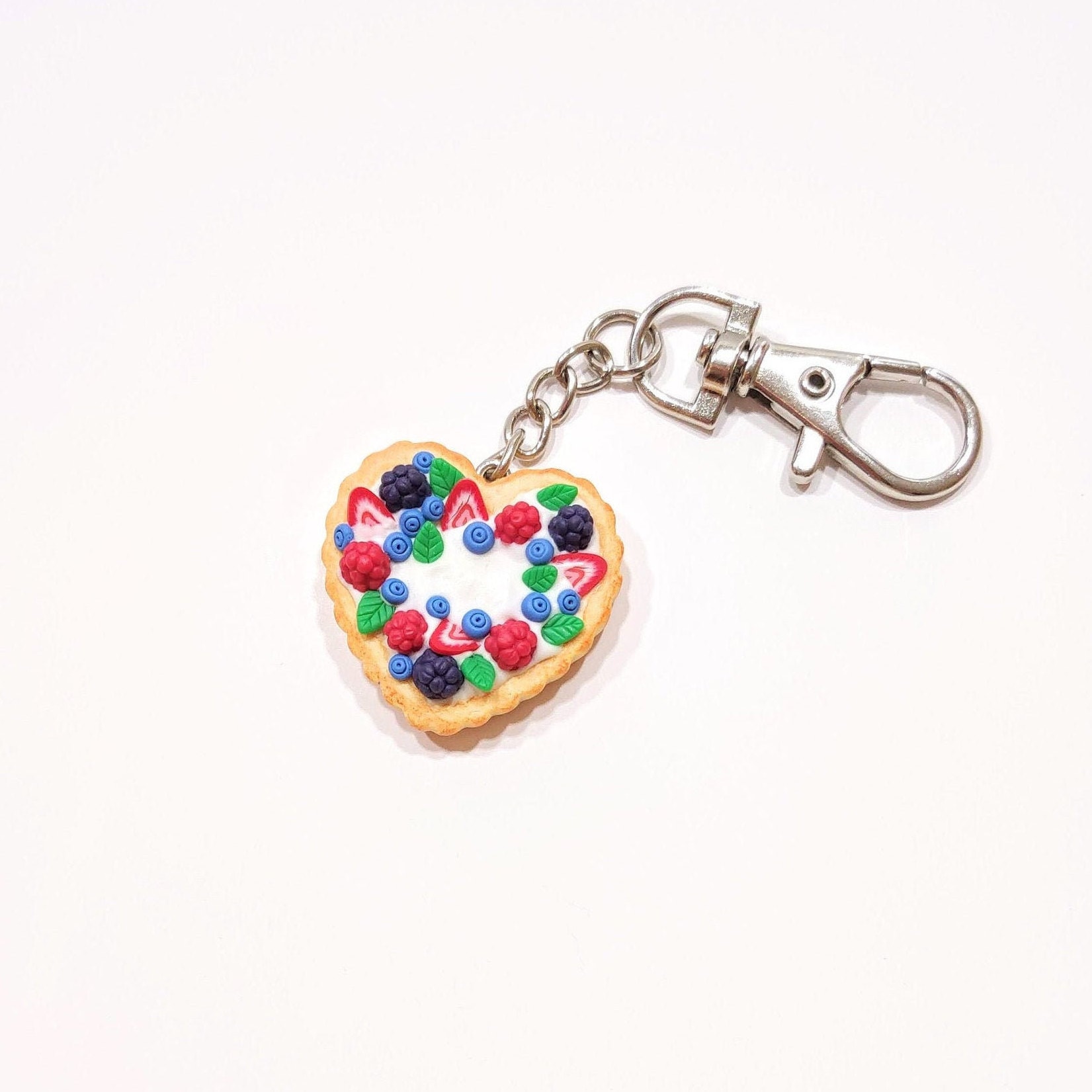 Heart shaped berry pie keychain, Miniature food polymer clay charm, Valentine's day gift