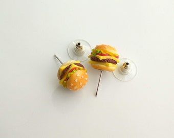 Hamburger stud earrings, Tiny fast food jewelry, Miniature Burger