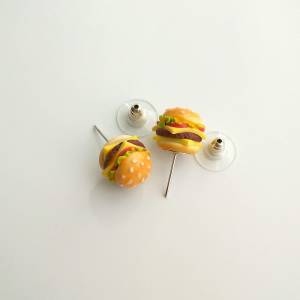 Hamburger stud earrings, Tiny fast food jewelry, Miniature Burger