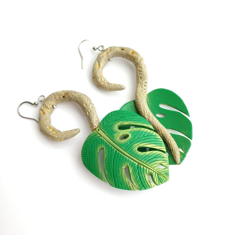 Green Gold Monstera Leaf Earrings Plant Jewelry Botanical Etsy