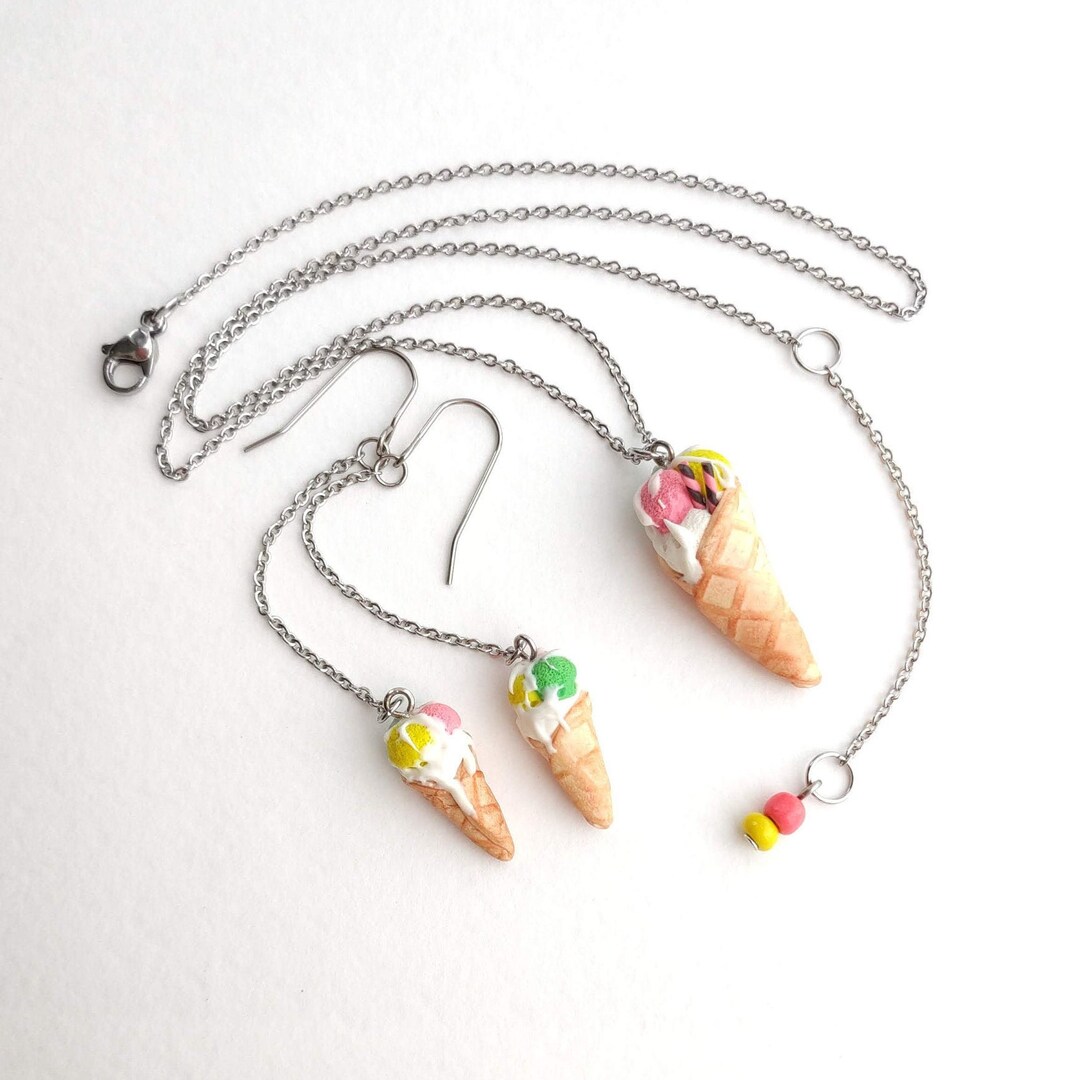 Colorful Ice Cream Cone Necklace and Earrings, Multicolor Balls Waffle