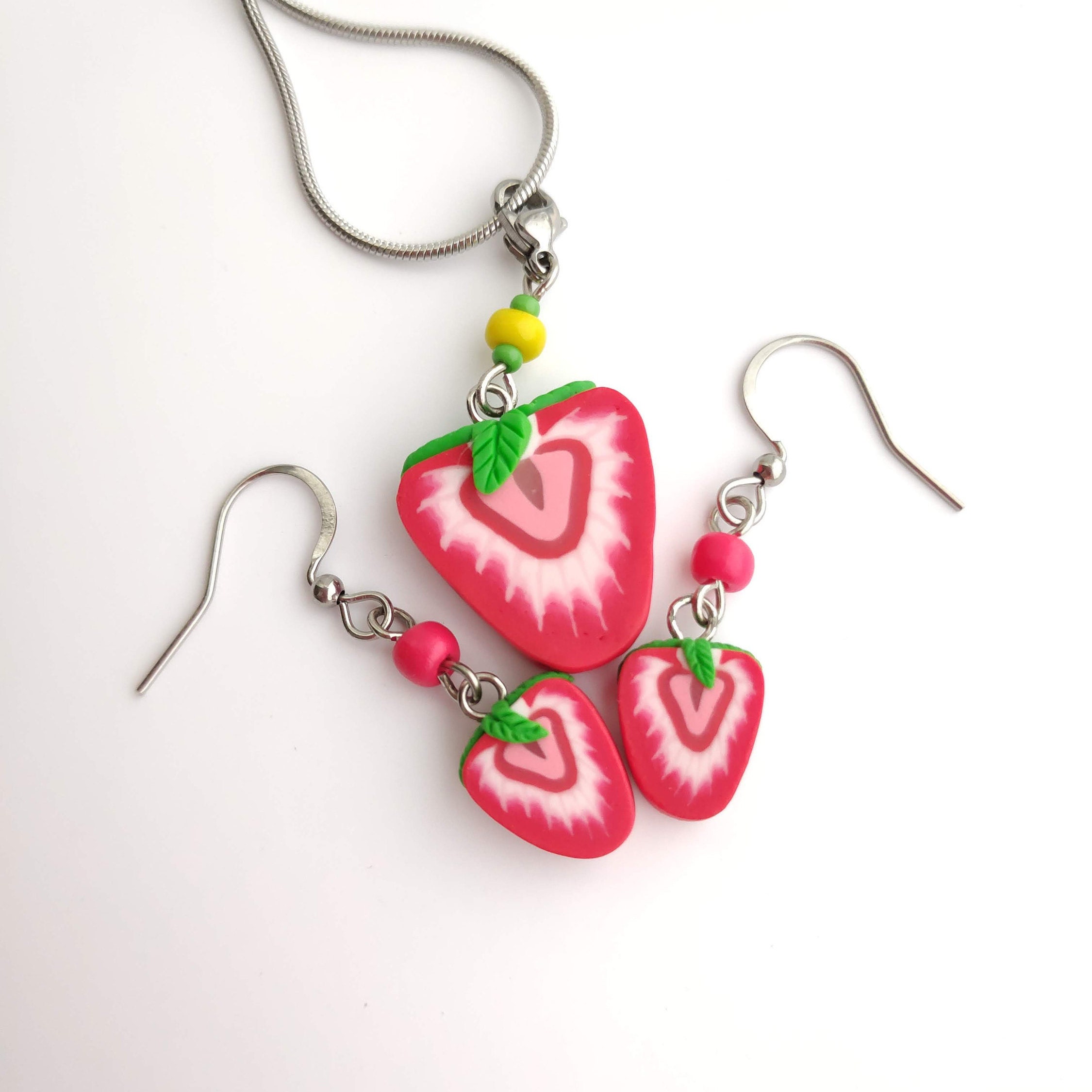 Strawberry earrings and charm necklace/ Strawberry jewelry Etsy