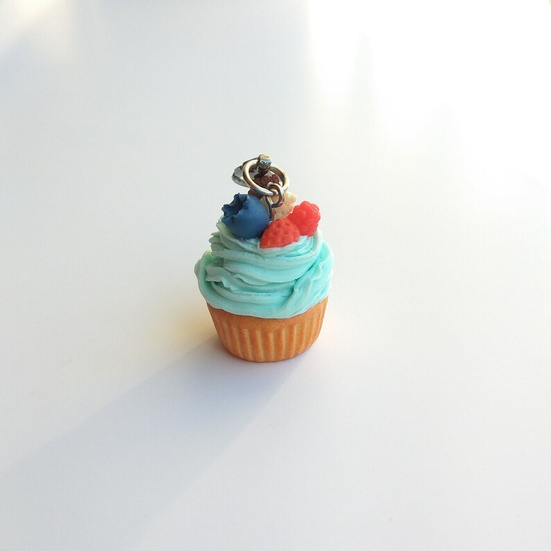Blueberry cupcake charm Cupcake mom gift Colorful charm Turquoise cupcake Cute keychain Baker gift Food jewelry Charm keychain Foodie gift image 2