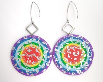 Rainbow circle earrings, Colorful geometric dangle earrings, Statement large round disc earrings, Pride jewelry