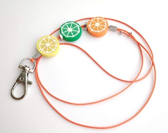 Citrus lemon lime orange lanyard, Lanyard necklace, Colorful lanyard with polymer clay bead, ID badge holder, Beaded lanyard for teachers