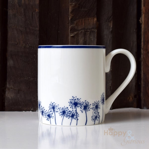 Navy and white dandelion seed head fine china mug