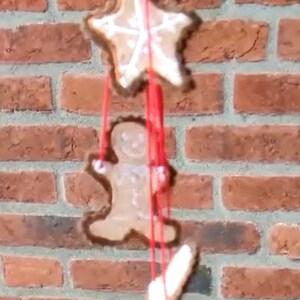 Op de afbeelding: Een rood touwtje met drie gingerbreadkoekjes die eraan hangen. De koekjes zijn gevormd als een ster, een persoon en een konijn. De koekjes hangen tegen een bakstenen muur.