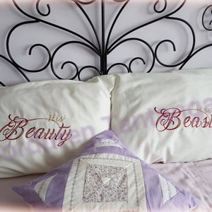 Pillow text. His beaty and her Beauty. kiss text
