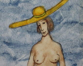 A Bather · Original Painting · Oil on Paper · Female Portrait · Miniature · Figurative Art