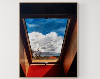 Blauer Himmel Gemälde · Fenster Ansicht · Sommer Landschaft Ölgemälde auf Leinwand · Original realistische Malerei · Fotorealismus Kunst · Wolke Wandkunst