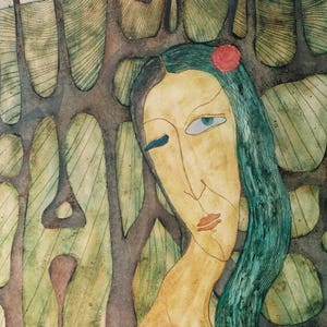 Giovane donna con una rosa tra i capelli, scultura originale e olio su carta, raro ritrovamento, eccezionale dipinto surrealista d'epoca