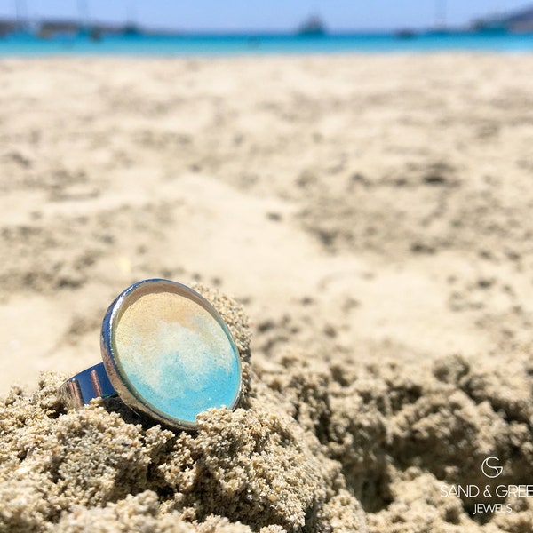 Turquoise and sand round ring, hand painted sea enamel ring, at the beach ring, cocktail ring, everyday adjustable resin ring, gift for her